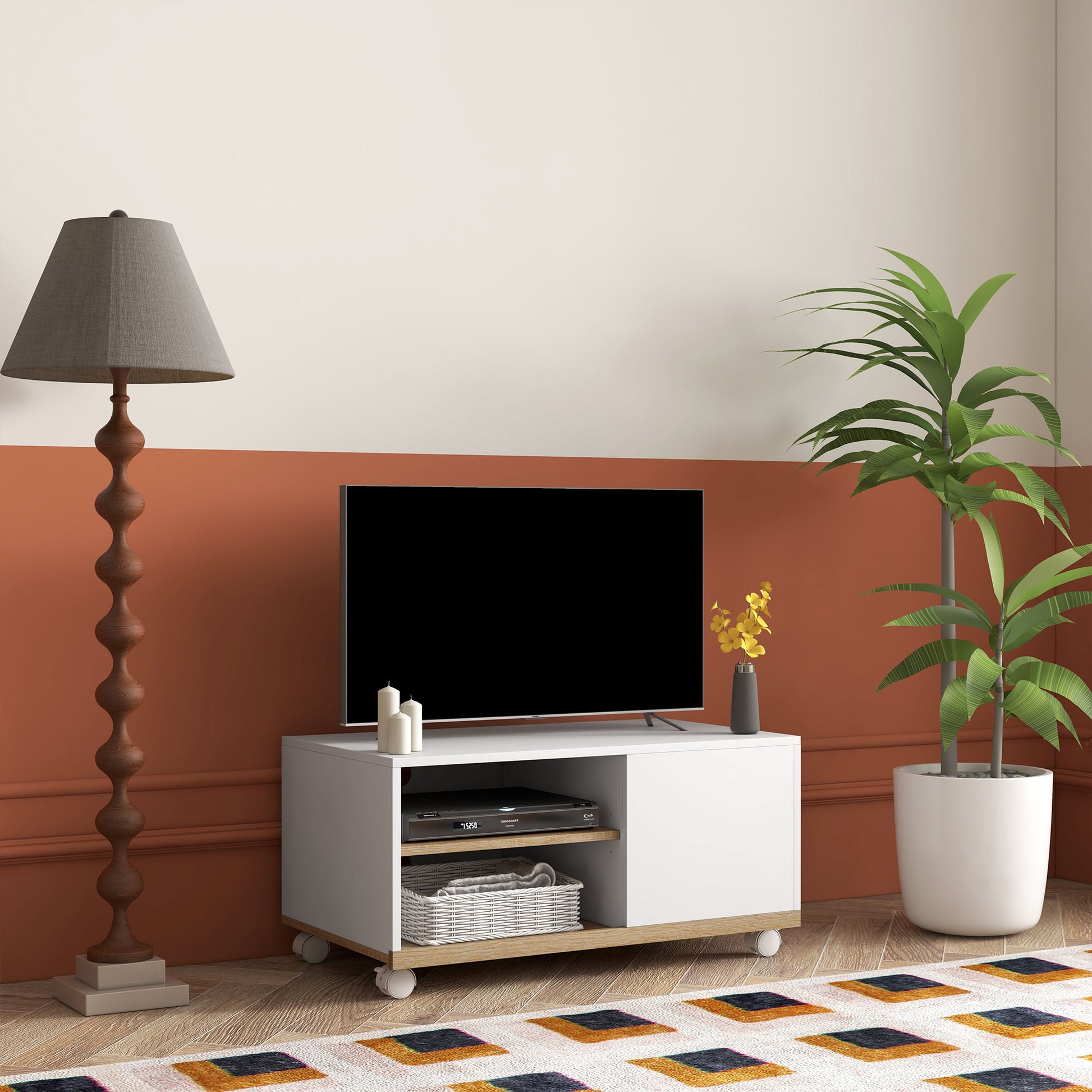Modern TV Stand with Wheels for 42-Inch TVs Living Room TV Stand with 1 Door and 2 Storage Shelves 80x45x39.5 cm White