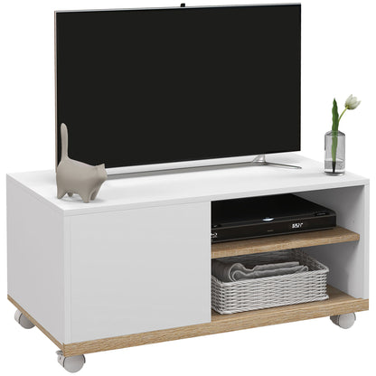 Modern TV Stand with Wheels for 42-Inch TVs Living Room TV Stand with 1 Door and 2 Storage Shelves 80x45x39.5 cm White