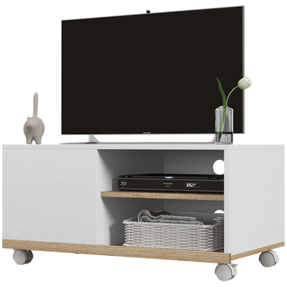 Modern TV Stand with Wheels for 42-Inch TVs Living Room TV Stand with 1 Door and 2 Storage Shelves 80x45x39.5 cm White
