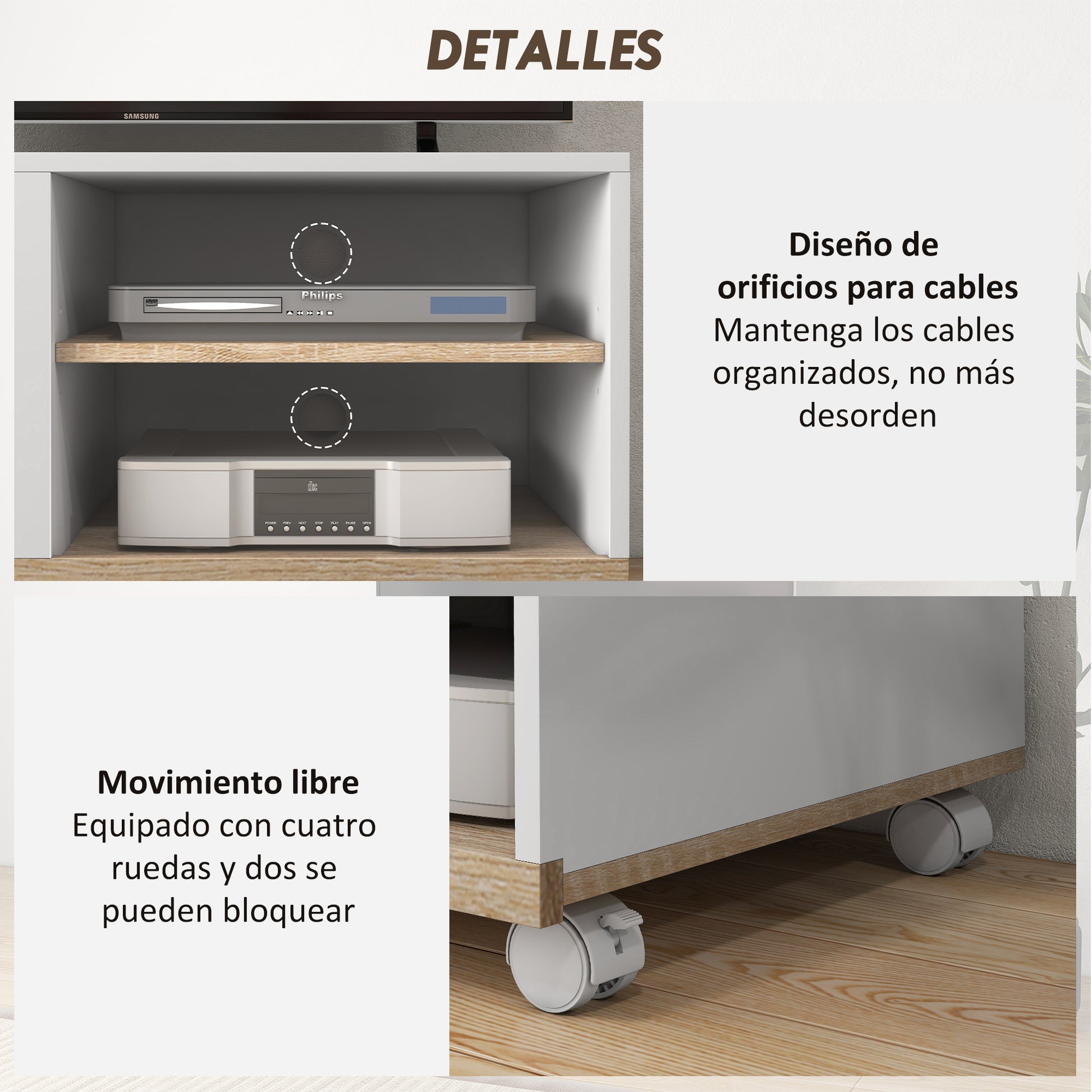 Modern TV Stand with Wheels for 42-Inch TVs Living Room TV Stand with 1 Door and 2 Storage Shelves 80x45x39.5 cm White