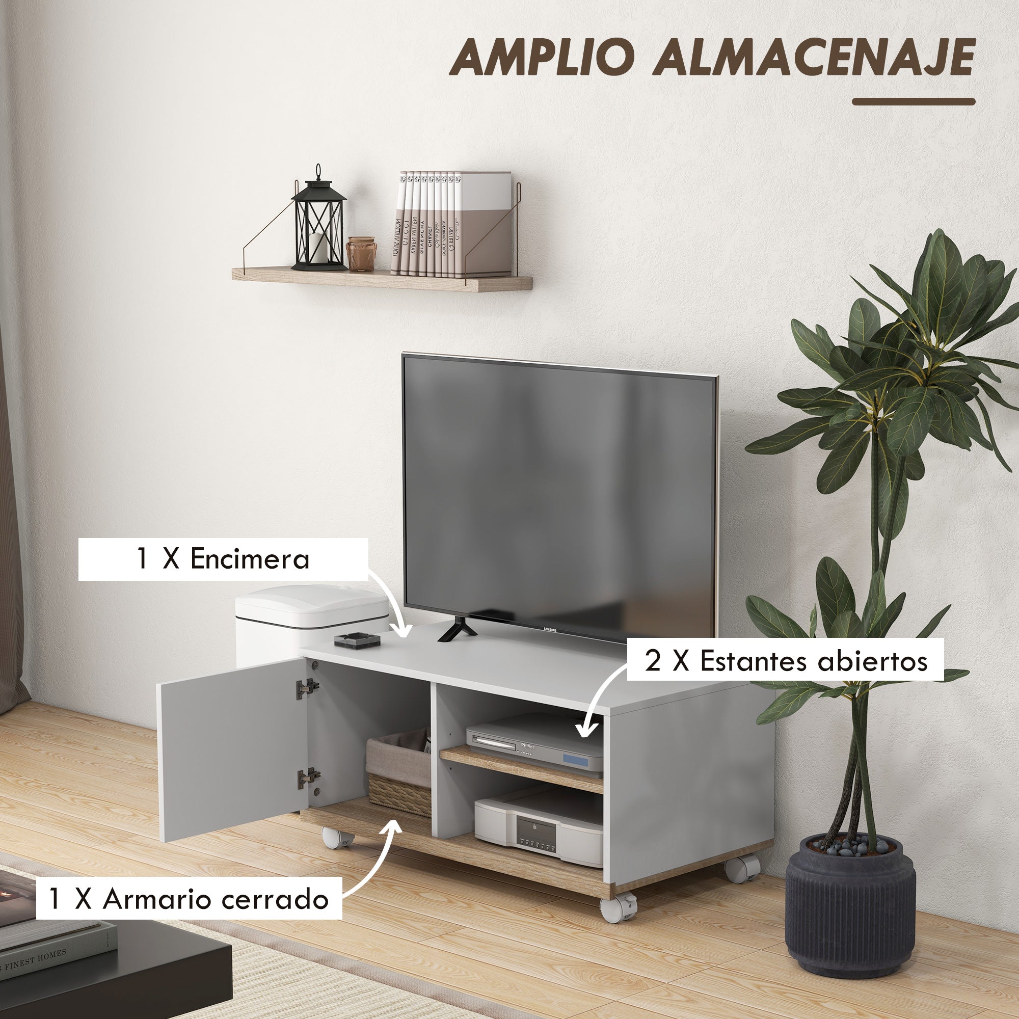 Modern TV Stand with Wheels for 42-Inch TVs Living Room TV Stand with 1 Door and 2 Storage Shelves 80x45x39.5 cm White