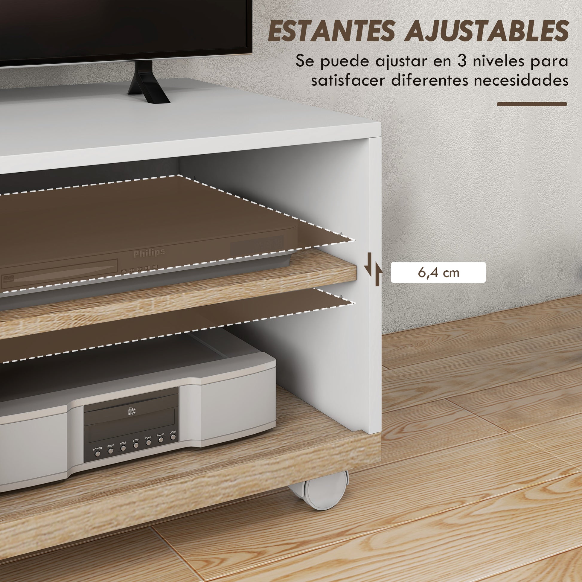 Modern TV Stand with Wheels for 42-Inch TVs Living Room TV Stand with 1 Door and 2 Storage Shelves 80x45x39.5 cm White
