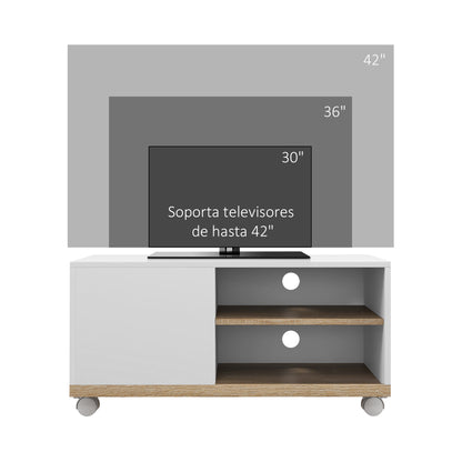 Modern TV Stand with Wheels for 42-Inch TVs Living Room TV Stand with 1 Door and 2 Storage Shelves 80x45x39.5 cm White