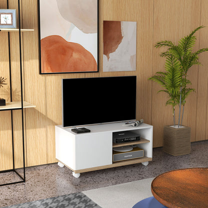 Modern TV Stand with Wheels for 42-Inch TVs Living Room TV Stand with 1 Door and 2 Storage Shelves 80x45x39.5 cm White