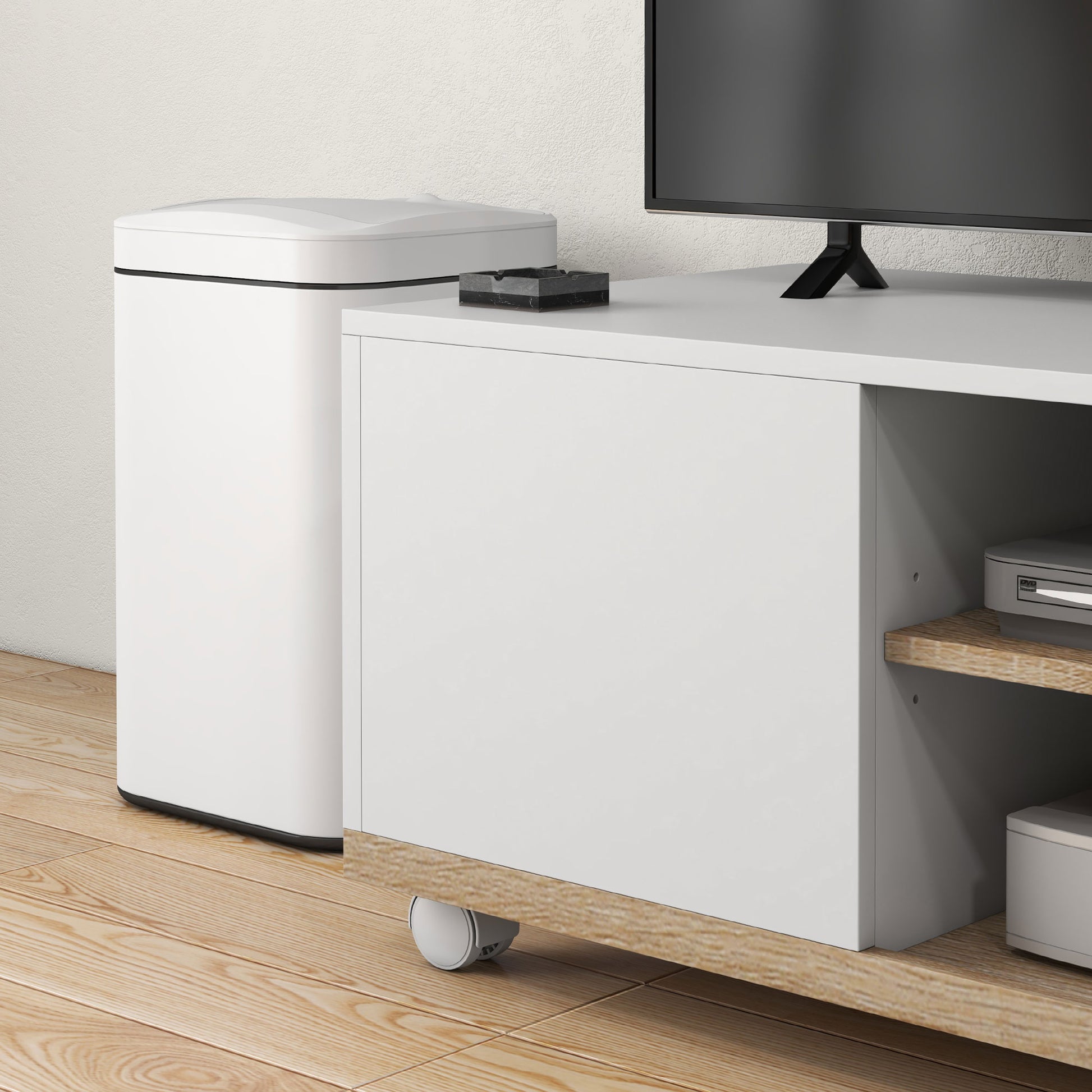 Modern TV Stand with Wheels for 42-Inch TVs Living Room TV Stand with 1 Door and 2 Storage Shelves 80x45x39.5 cm White