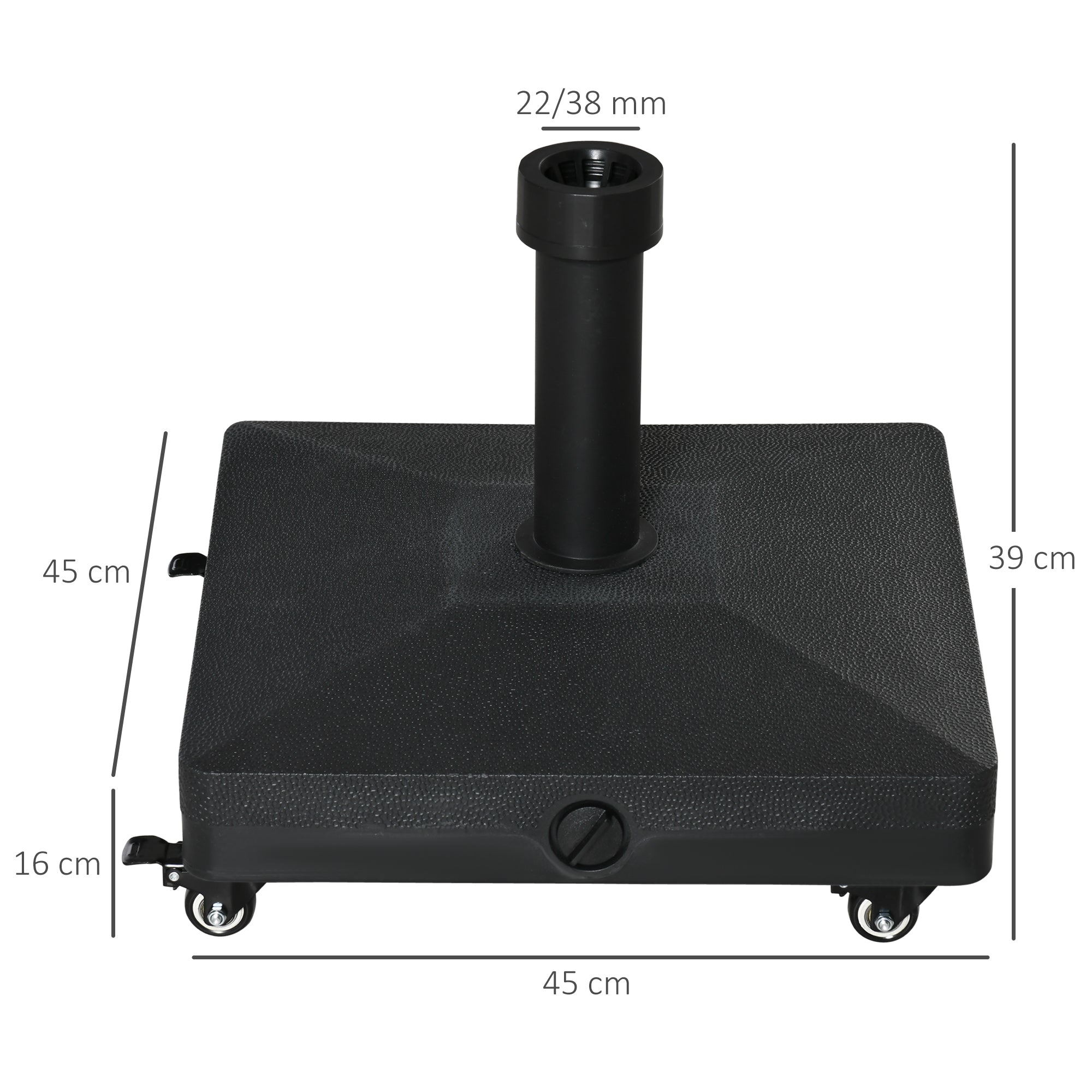 Umbrella Base with 4 Lockable Wheels Fillable Parasol Stand with 18 kg Sand or 16 kg Water for Garden Patio Terrace 45x45x39 cm Black
