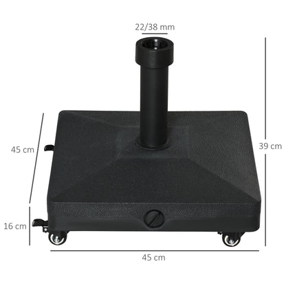 Umbrella Base with 4 Lockable Wheels Fillable Parasol Stand with 18 kg Sand or 16 kg Water for Garden Patio Terrace 45x45x39 cm Black