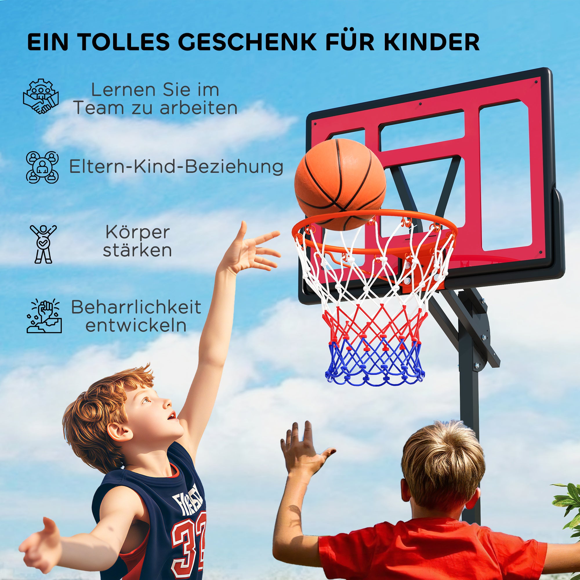 Outdoor Kids Basketball Hoop, Adjustable Height Basketball Stand with 83x60cm Backboard, Wheels, Weight Bag, Outdoor Basketball System for Kids Teens aged 6 years and above, Red