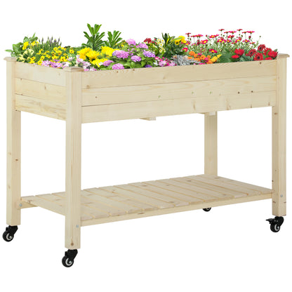 Raised Urban Garden Planting Table 118x55x83 cm Wooden Raised Bed with Shelf Geotextile Fabric Wheels with Brakes Portable for Gardening in Garden Terrace Natural Color
