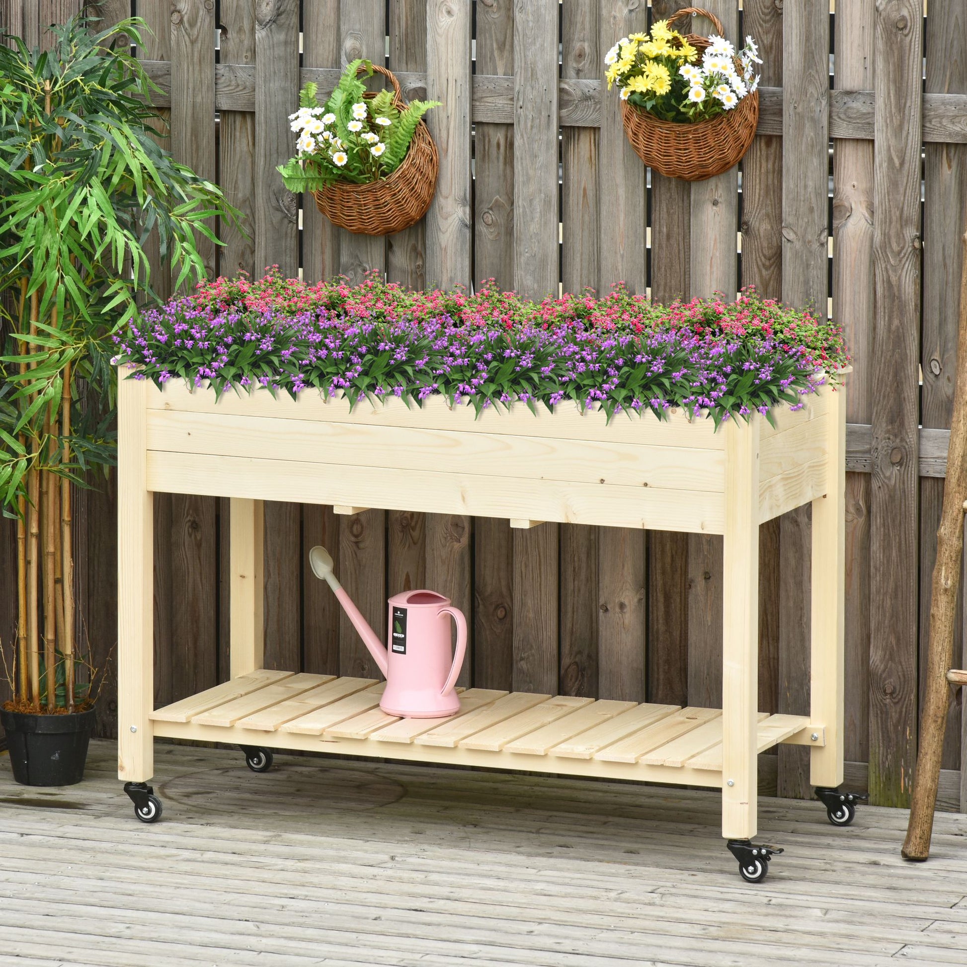 Raised Urban Garden Planting Table 118x55x83 cm Wooden Raised Bed with Shelf Geotextile Fabric Wheels with Brakes Portable for Gardening in Garden Terrace Natural Color