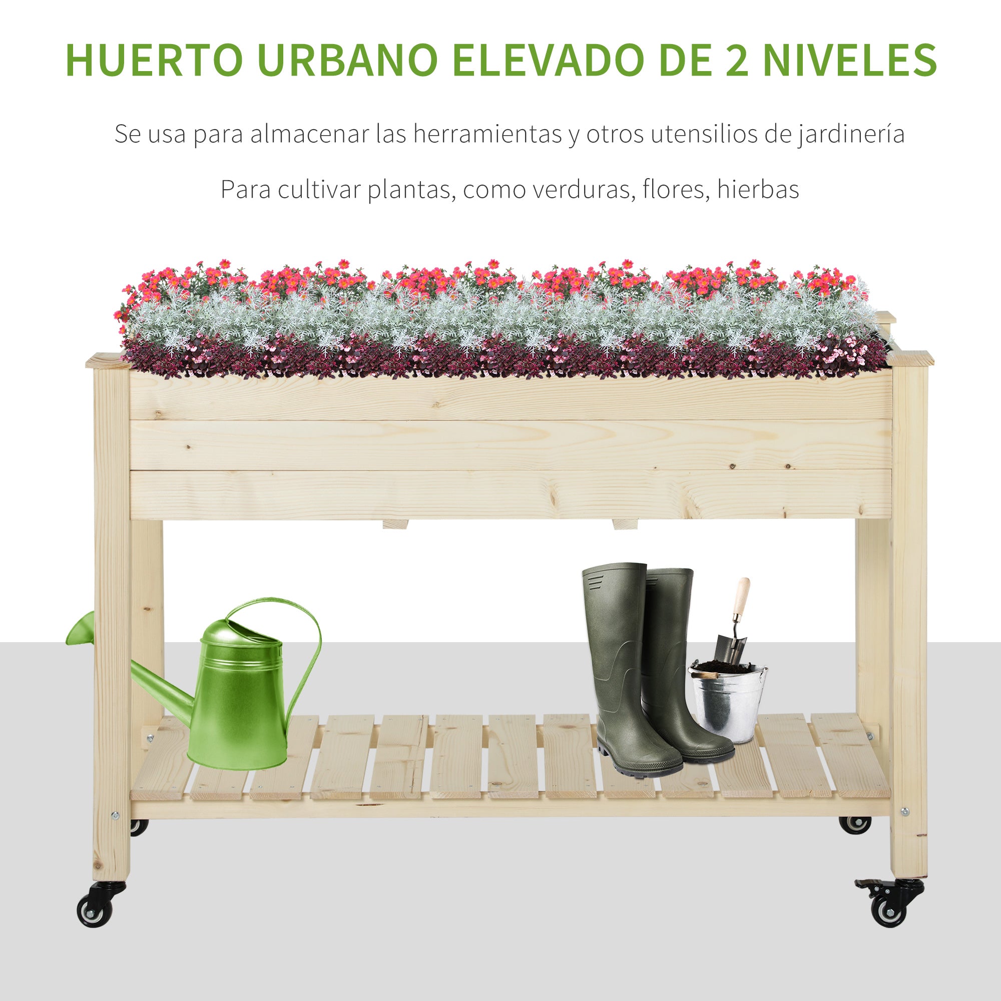 Raised Urban Garden Planting Table 118x55x83 cm Wooden Raised Bed with Shelf Geotextile Fabric Wheels with Brakes Portable for Gardening in Garden Terrace Natural Color
