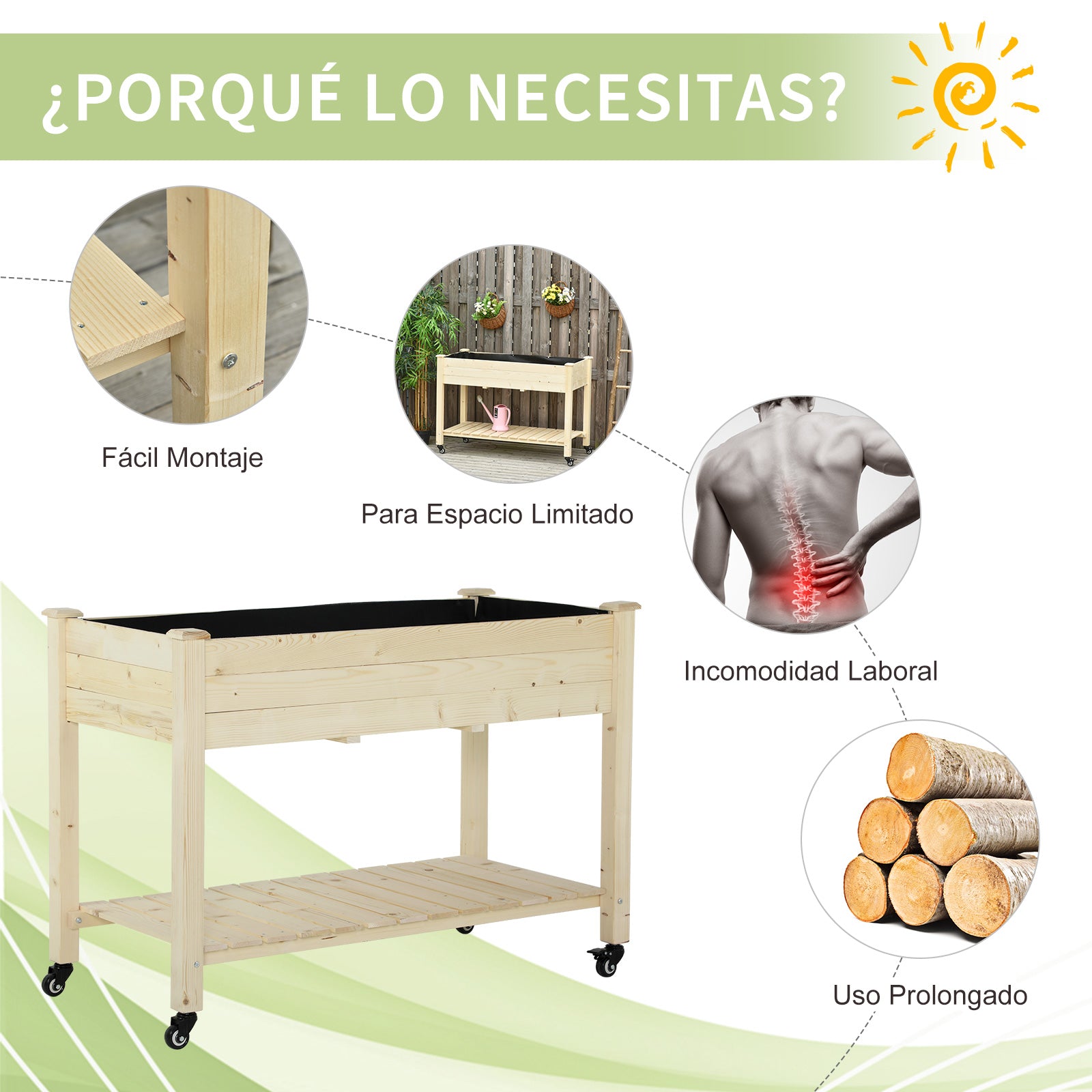 Raised Urban Garden Planting Table 118x55x83 cm Wooden Raised Bed with Shelf Geotextile Fabric Wheels with Brakes Portable for Gardening in Garden Terrace Natural Color