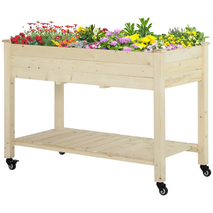 Raised Urban Garden Planting Table 118x55x83 cm Wooden Raised Bed with Shelf Geotextile Fabric Wheels with Brakes Portable for Gardening in Garden Terrace Natural Color