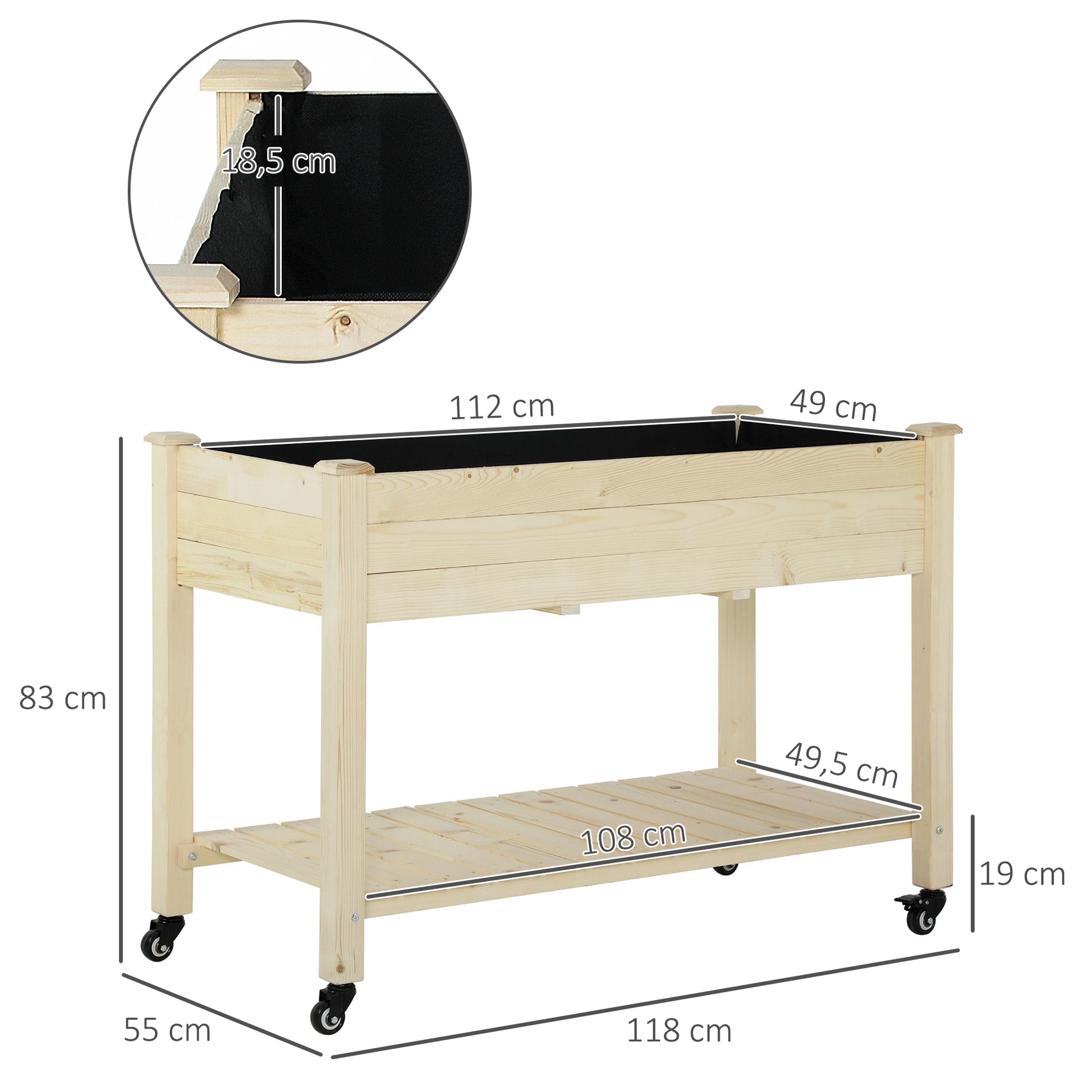 Raised Urban Garden Planting Table 118x55x83 cm Wooden Raised Bed with Shelf Geotextile Fabric Wheels with Brakes Portable for Gardening in Garden Terrace Natural Color