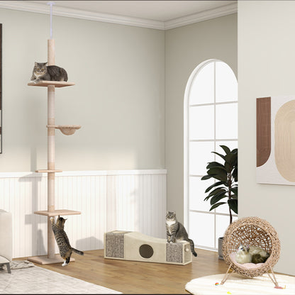 Ceiling-high Adjustable Cat Tree with Sisal Columns, Sturdy Cat Climbing Tree, Beige, 40 x 34 x 230-260 cm