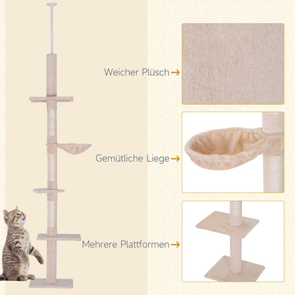 Ceiling-high Adjustable Cat Tree with Sisal Columns, Sturdy Cat Climbing Tree, Beige, 40 x 34 x 230-260 cm