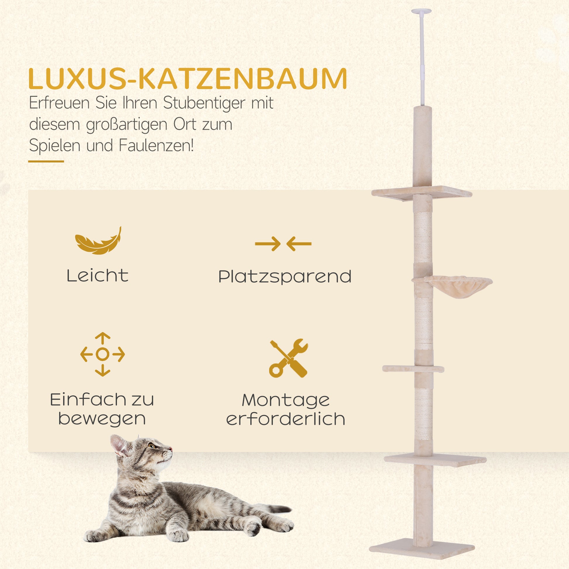 Ceiling-high Adjustable Cat Tree with Sisal Columns, Sturdy Cat Climbing Tree, Beige, 40 x 34 x 230-260 cm
