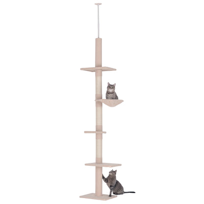 Ceiling-high Adjustable Cat Tree with Sisal Columns, Sturdy Cat Climbing Tree, Beige, 40 x 34 x 230-260 cm