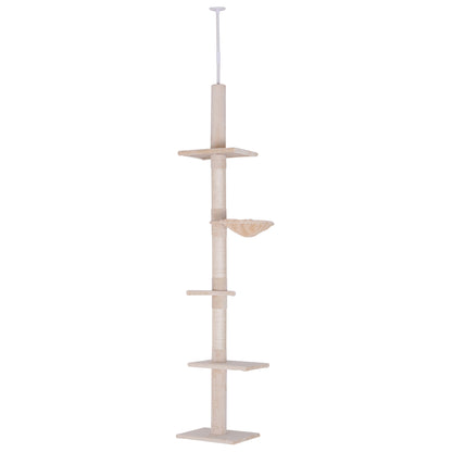 Ceiling-high Adjustable Cat Tree with Sisal Columns, Sturdy Cat Climbing Tree, Beige, 40 x 34 x 230-260 cm