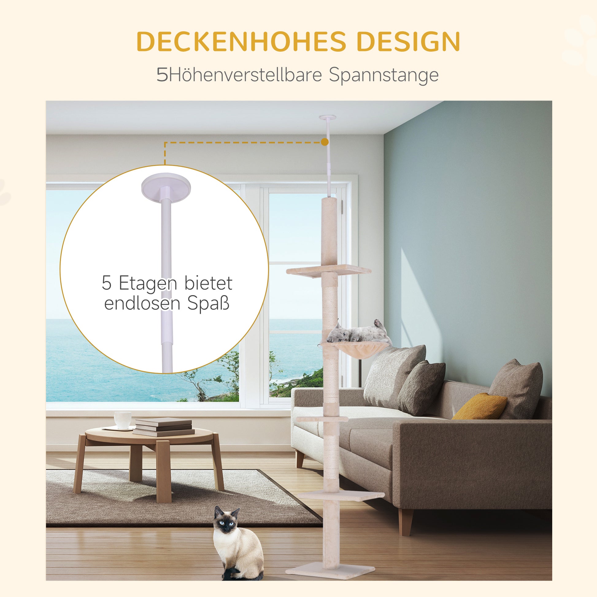Ceiling-high Adjustable Cat Tree with Sisal Columns, Sturdy Cat Climbing Tree, Beige, 40 x 34 x 230-260 cm
