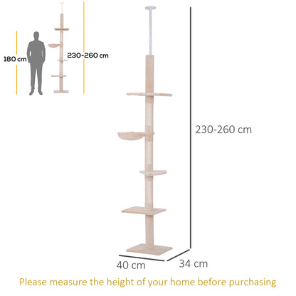 Ceiling-high Adjustable Cat Tree with Sisal Columns, Sturdy Cat Climbing Tree, Beige, 40 x 34 x 230-260 cm