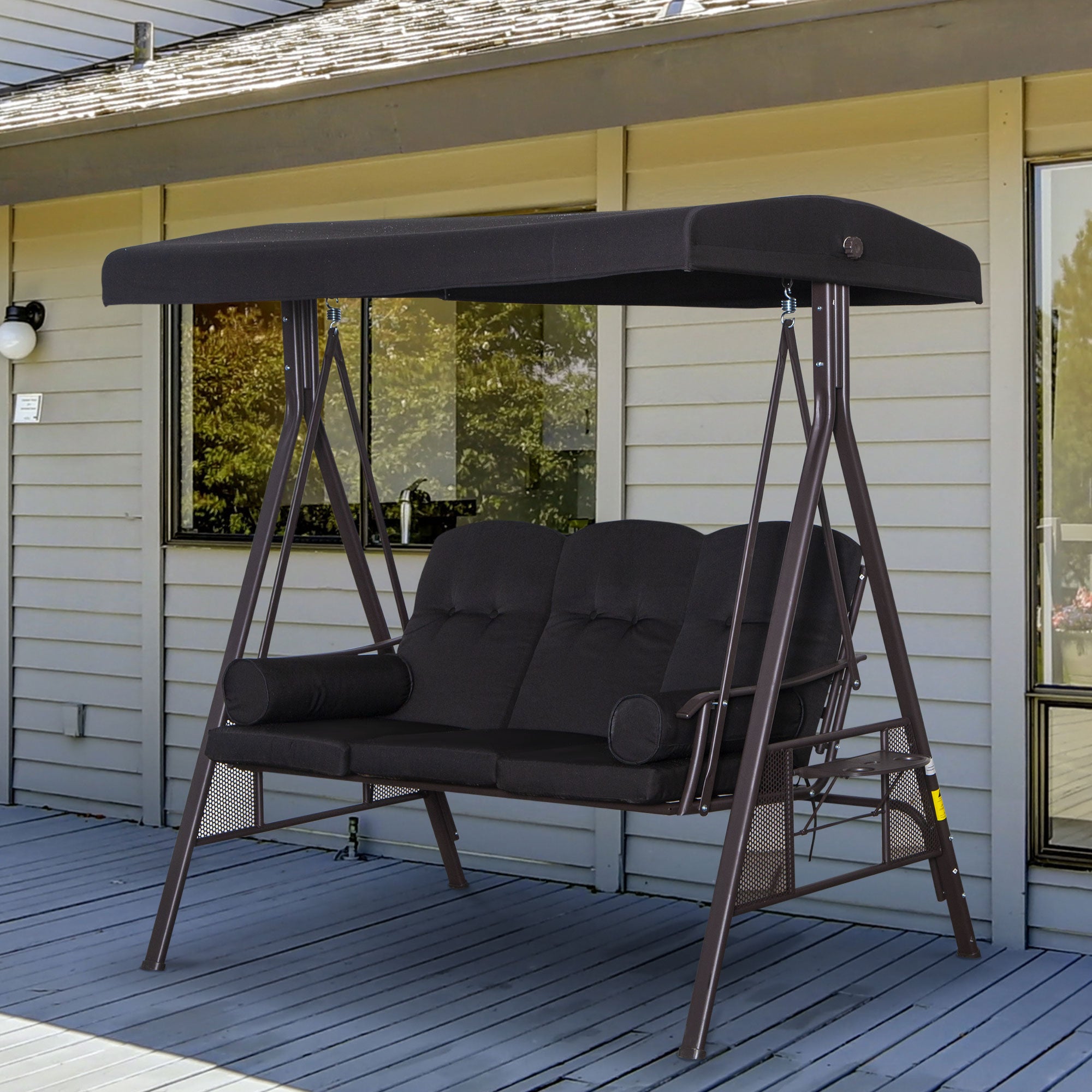 3-Seater Hollywood Swing Garden Swing with Sunshade Cushion Metal Polyester Black 116 x 206 x 183 cm