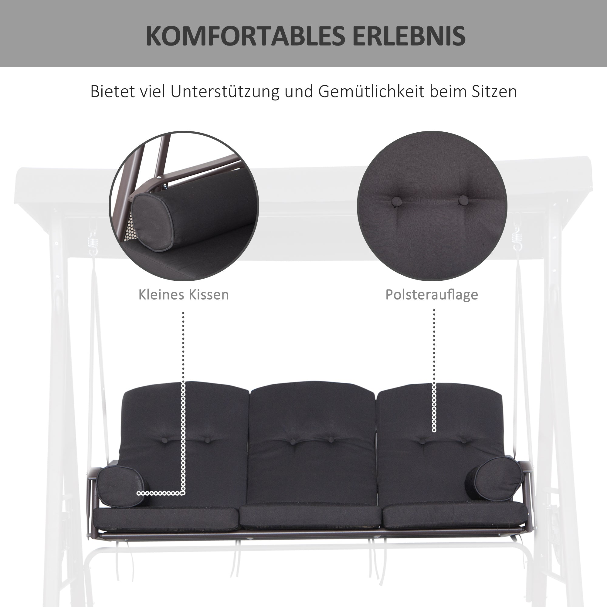 3-Seater Hollywood Swing Garden Swing with Sunshade Cushion Metal Polyester Black 116 x 206 x 183 cm