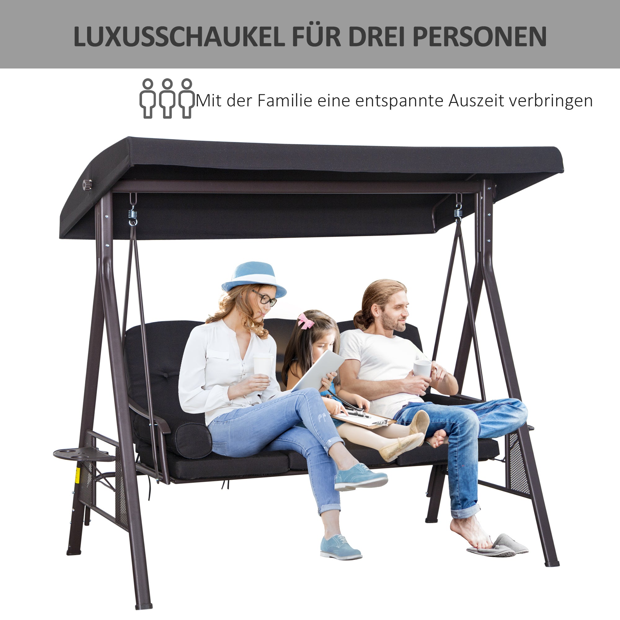 3-Seater Hollywood Swing Garden Swing with Sunshade Cushion Metal Polyester Black 116 x 206 x 183 cm