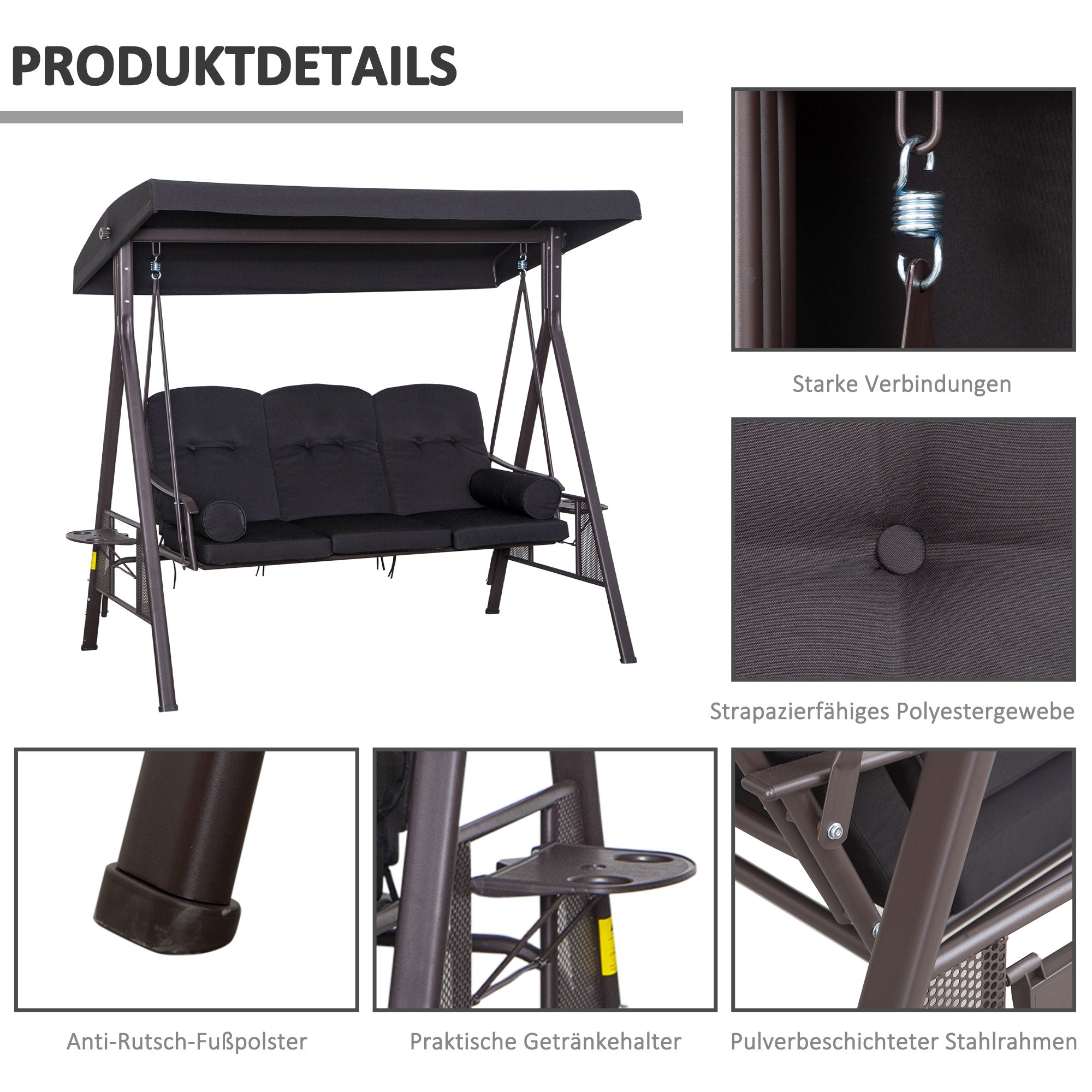 3-Seater Hollywood Swing Garden Swing with Sunshade Cushion Metal Polyester Black 116 x 206 x 183 cm