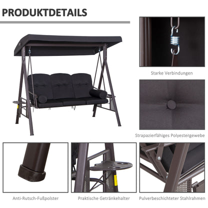 3-Seater Hollywood Swing Garden Swing with Sunshade Cushion Metal Polyester Black 116 x 206 x 183 cm