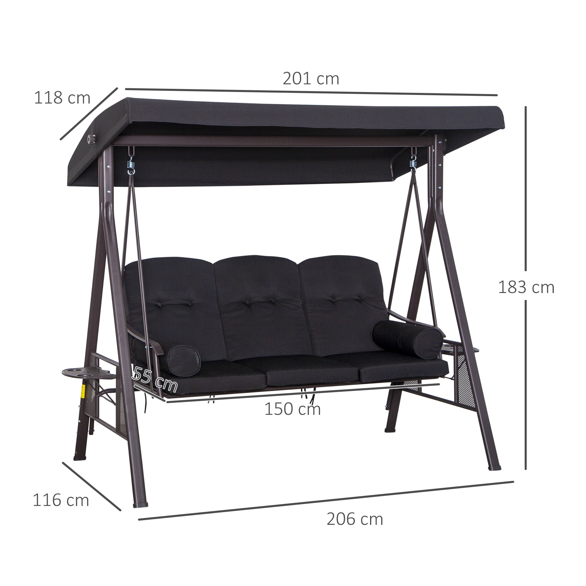 3-Seater Hollywood Swing Garden Swing with Sunshade Cushion Metal Polyester Black 116 x 206 x 183 cm