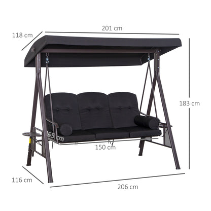 3-Seater Hollywood Swing Garden Swing with Sunshade Cushion Metal Polyester Black 116 x 206 x 183 cm
