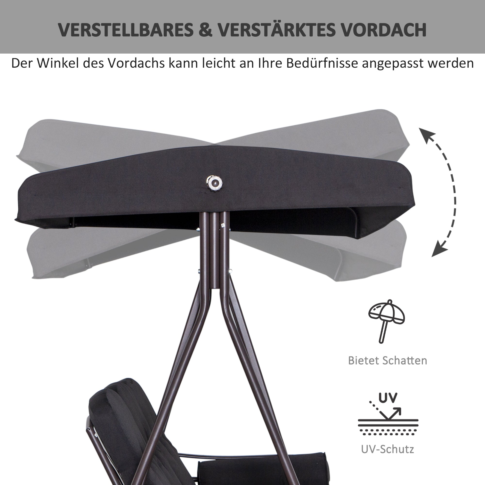 3-Seater Hollywood Swing Garden Swing with Sunshade Cushion Metal Polyester Black 116 x 206 x 183 cm