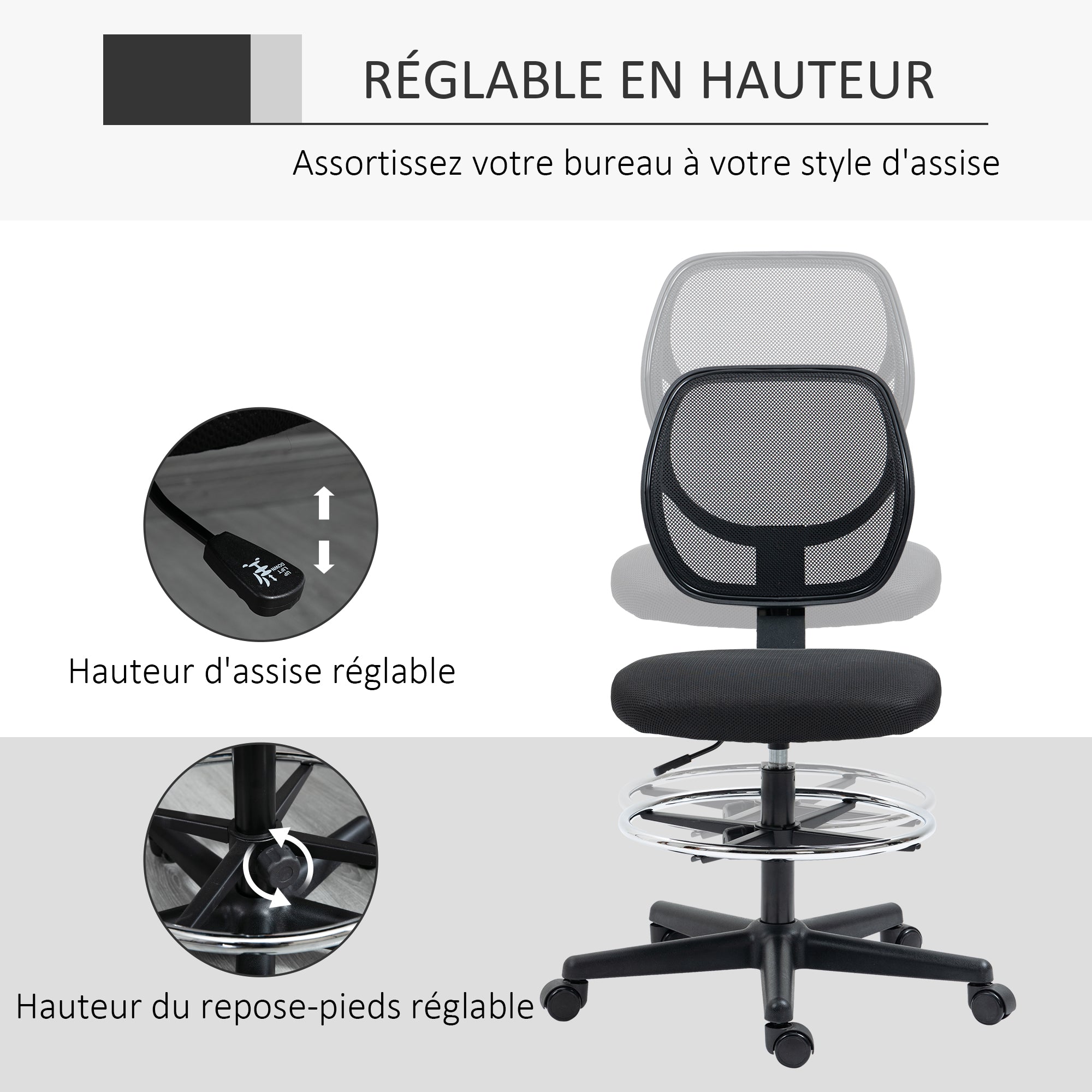 High-seat office chair ergonomic mesh back office chair adjustable height 50-70 cm with 360° swivel footrest black