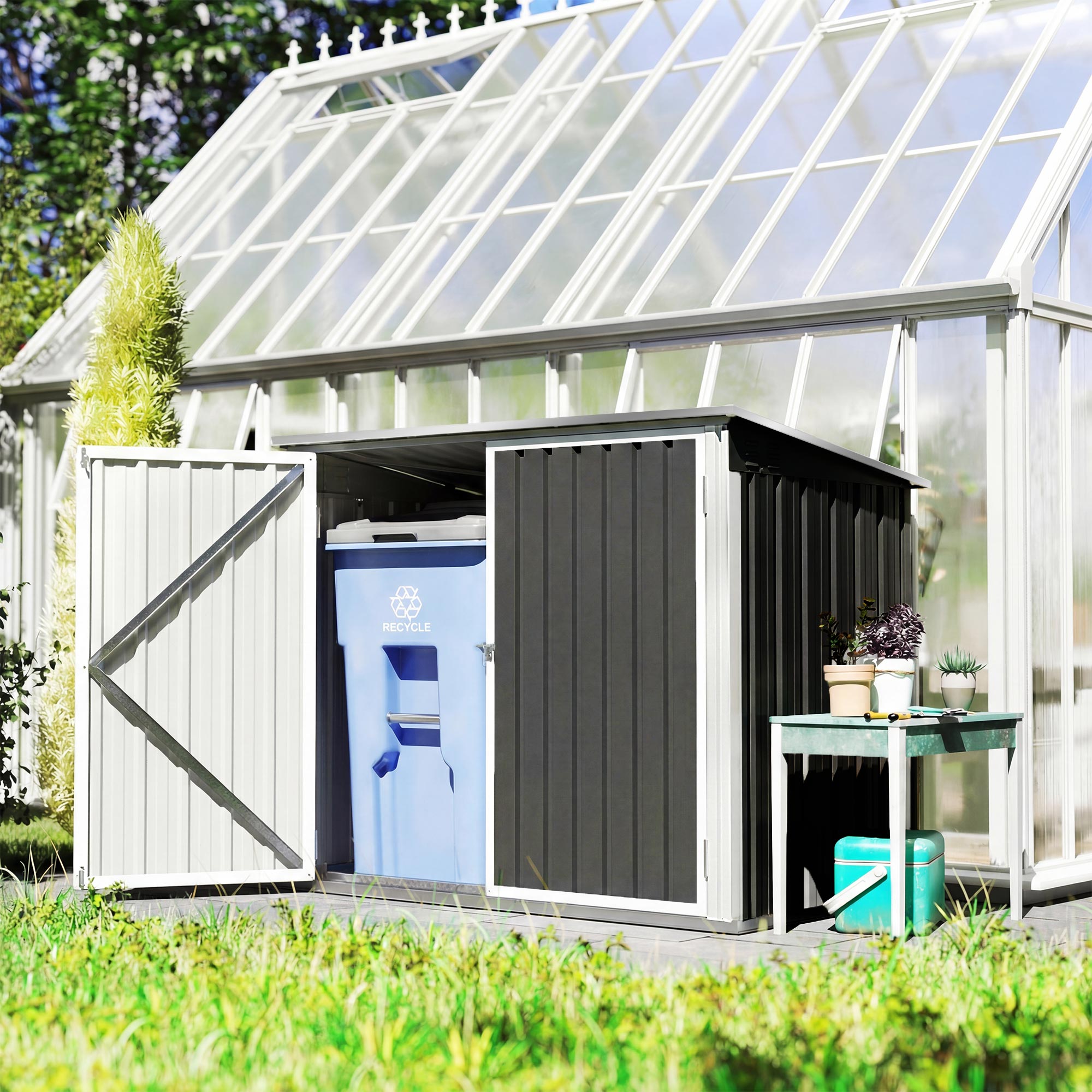 Double Trash Bin Storage Shed — Galvanized Steel, Gas-Strut Hinged Lid & Lockable Double Doors, Dark Gray, 70.7×42.5×44.5–51 in