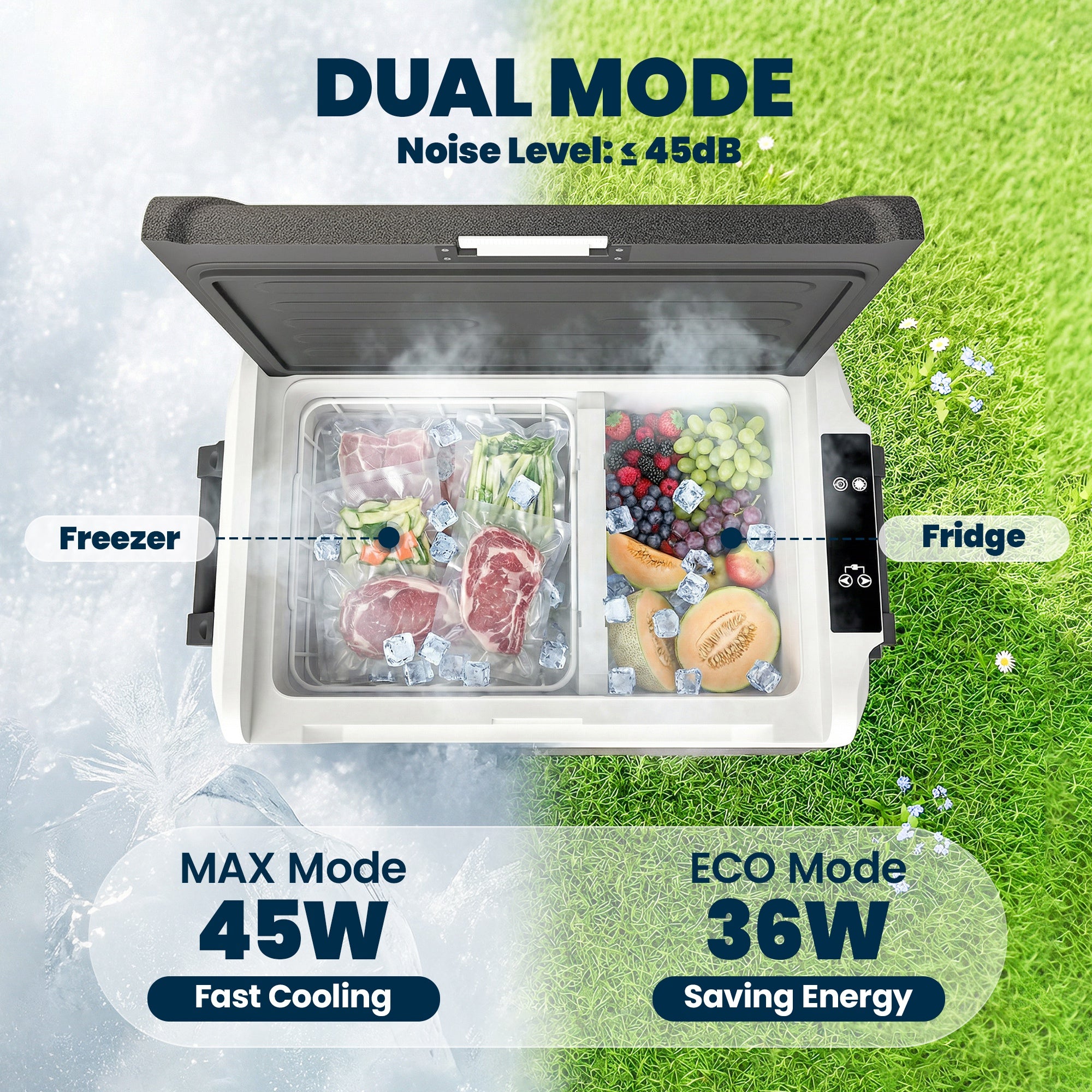 50L Dual-Zone Compressor Fridge (-4°F to 68°F) Portable Electric Car Cooler with App, LED, Battery Protection, Folding Handle — 12/24V DC & 110–230V AC