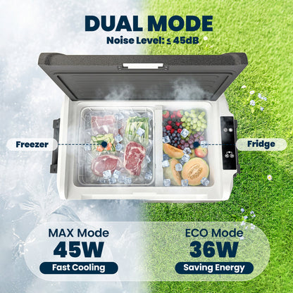 50L Dual-Zone Compressor Fridge (-4°F to 68°F) Portable Electric Car Cooler with App, LED, Battery Protection, Folding Handle — 12/24V DC & 110–230V AC