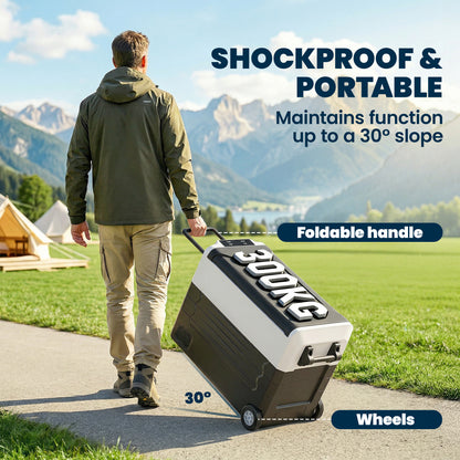 50L Dual-Zone Compressor Fridge (-4°F to 68°F) Portable Electric Car Cooler with App, LED, Battery Protection, Folding Handle — 12/24V DC & 110–230V AC