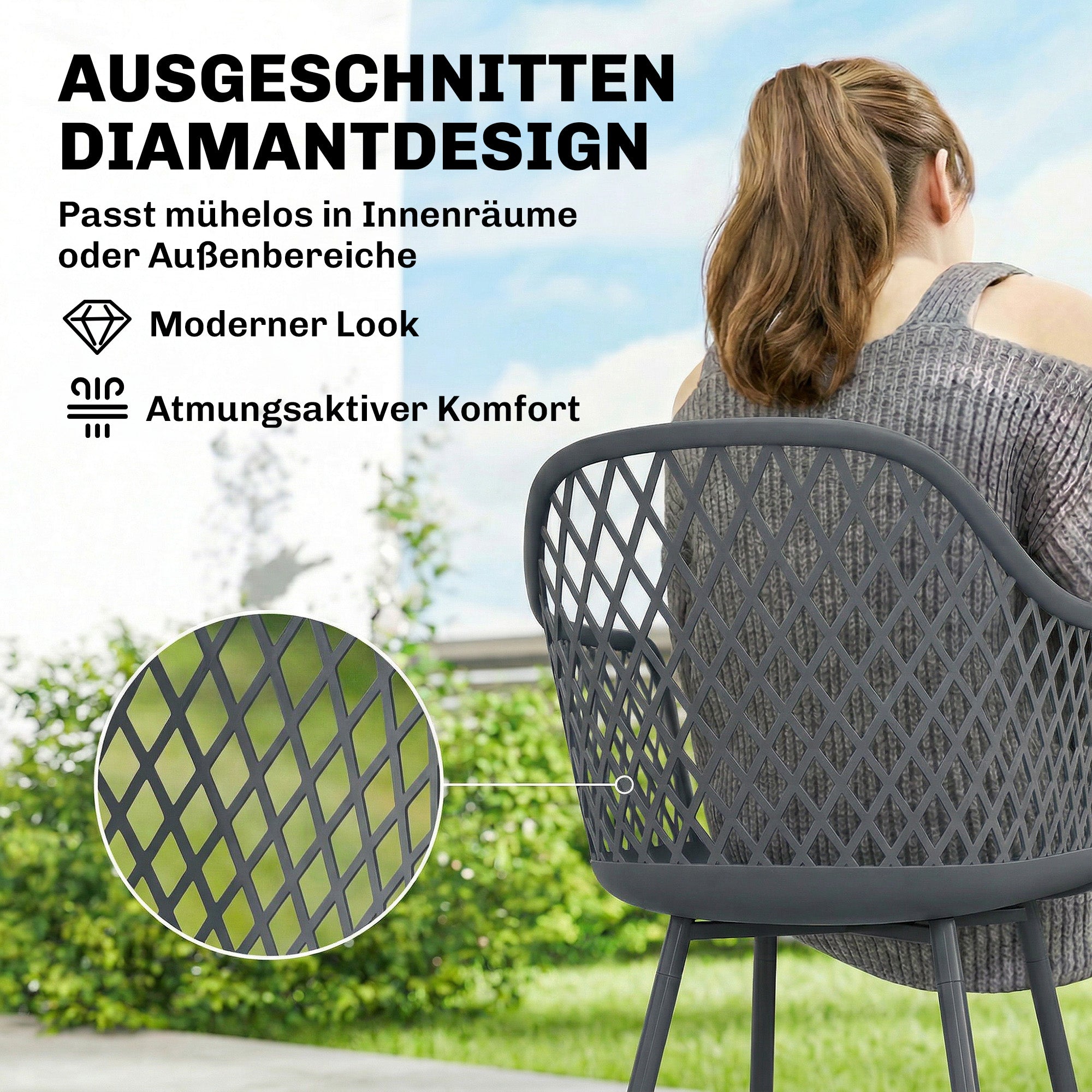 4-Pack Garden Chairs — UV-Resistant Plastic with Armrests & Backrest, Powder-Coated Metal Legs, 120 kg Capacity, Dark Gray