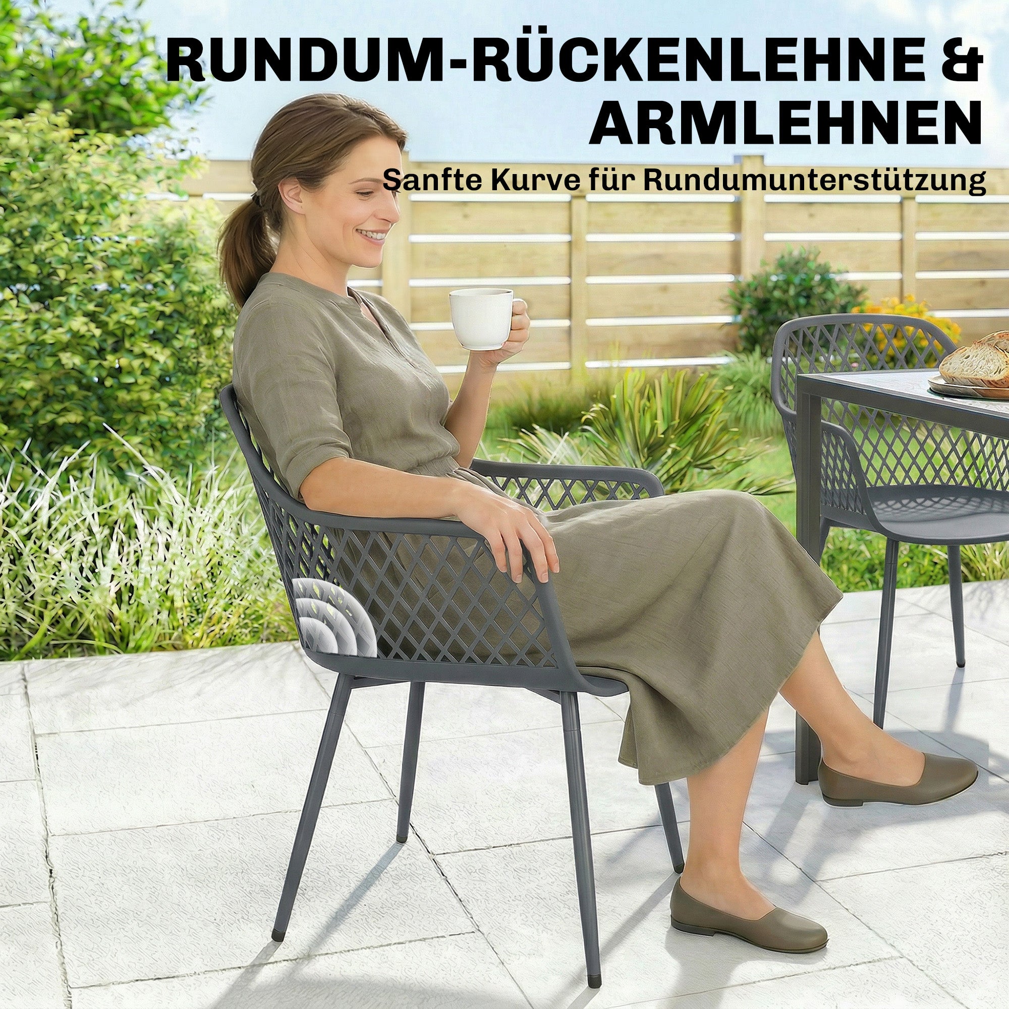 4-Pack Garden Chairs — UV-Resistant Plastic with Armrests & Backrest, Powder-Coated Metal Legs, 120 kg Capacity, Dark Gray