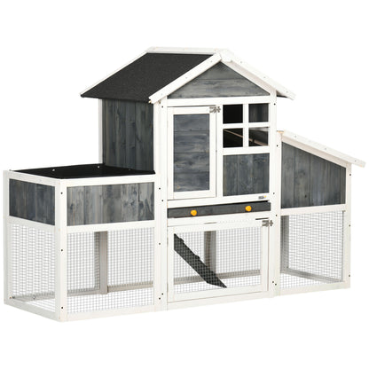 Prefabricated Chicken Coop in Wood with Open Area, Outdoor Chicken Coop, Chicken House and Nesting Box, Flowerbed and Asphalt Roof, Gray