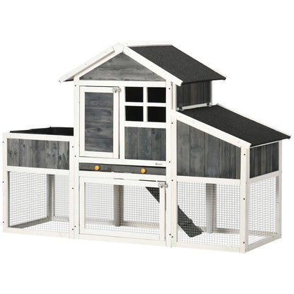 Prefabricated Chicken Coop in Wood with Open Area, Outdoor Chicken Coop, Chicken House and Nesting Box, Flowerbed and Asphalt Roof, Gray