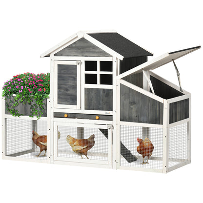 Prefabricated Chicken Coop in Wood with Open Area, Outdoor Chicken Coop, Chicken House and Nesting Box, Flowerbed and Asphalt Roof, Gray