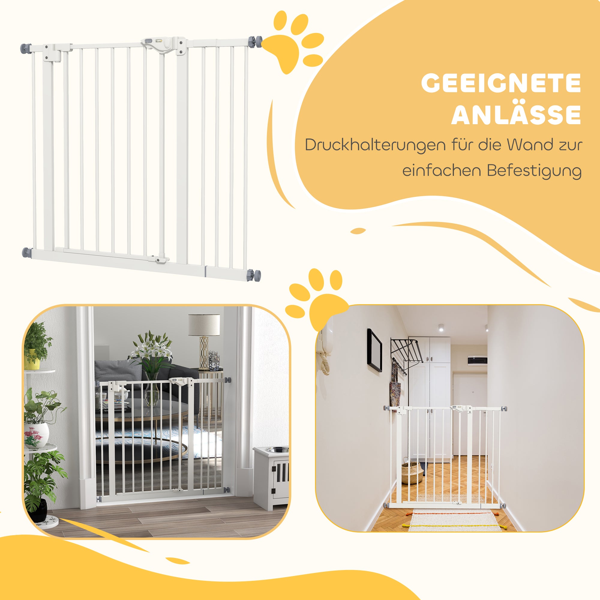 Door Guard Stair Guard with 14 cm Extension Door Gate without Drilling Stair Gate for Widths 74-94 cm Double-Swing Metal White