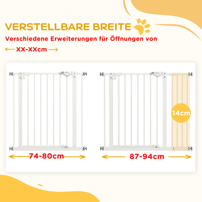 Door Guard Stair Guard with 14 cm Extension Door Gate without Drilling Stair Gate for Widths 74-94 cm Double-Swing Metal White