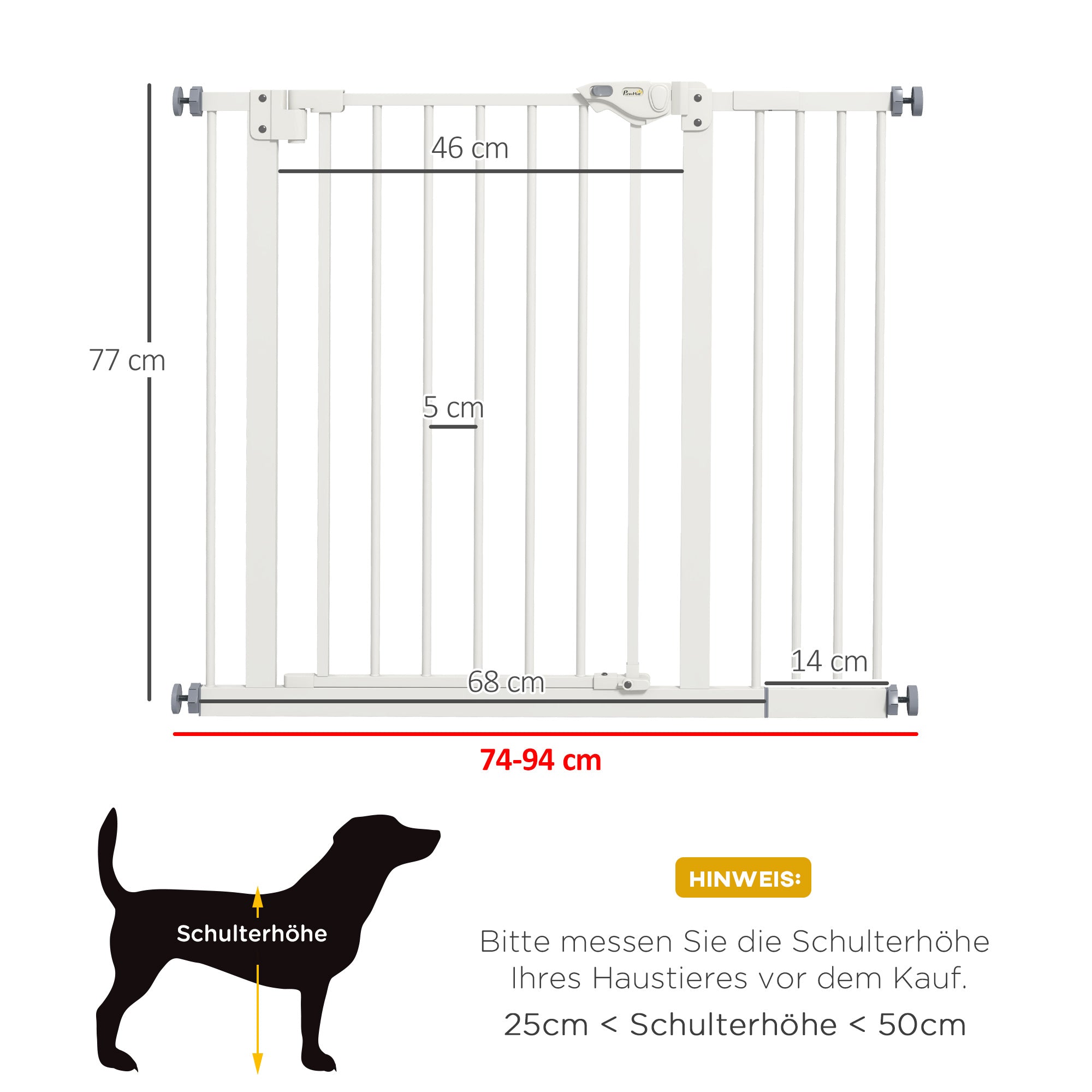 Door Guard Stair Guard with 14 cm Extension Door Gate without Drilling Stair Gate for Widths 74-94 cm Double-Swing Metal White