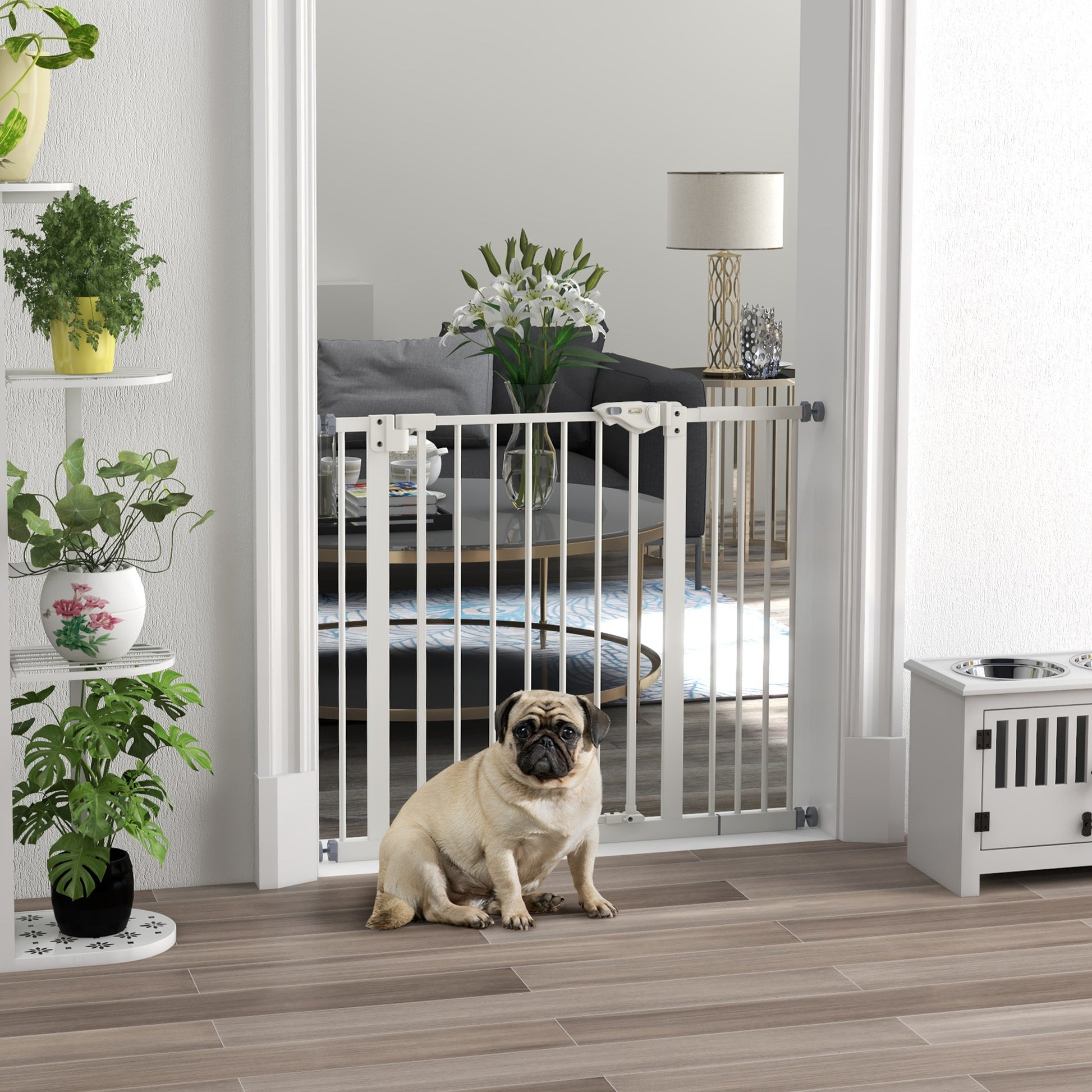 Door Guard Stair Guard with 14 cm Extension Door Gate without Drilling Stair Gate for Widths 74-94 cm Double-Swing Metal White