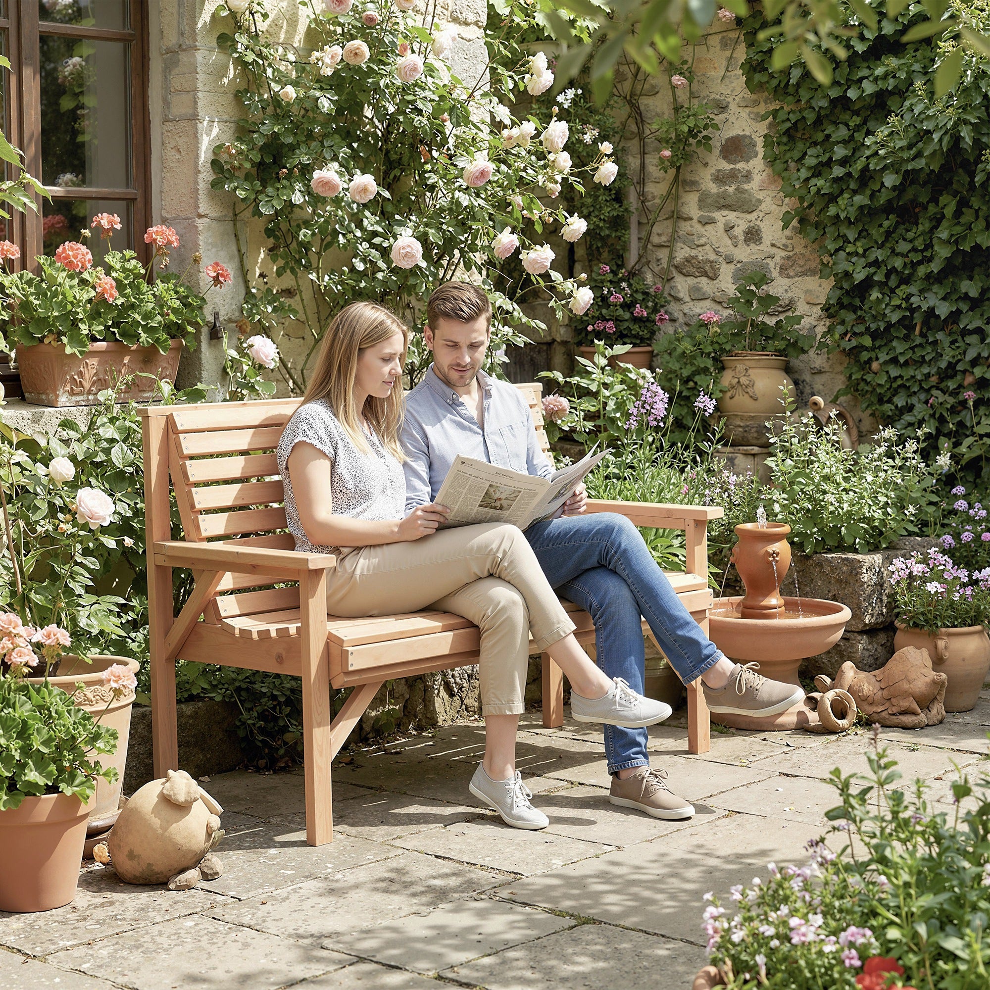 2-Seater Wooden Garden Bench — Slatted Bench with Armrests & Backrest, Fir Wood Frame for Garden, Balcony & Patio