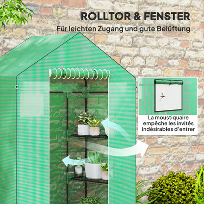 Greenhouse with Roll-Up Door, Window, Shelves, Winterproof Steel Frame Greenhouse for Balcony, Garden, Tomato House 143 x 74 x 190 cm, Tomato Greenhouse for Tomatoes, Vegetables, Green