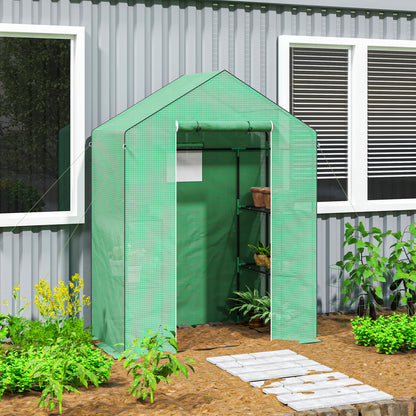 Greenhouse with Roll-Up Door, Window, Shelves, Winterproof Steel Frame Greenhouse for Balcony, Garden, Tomato House 143 x 74 x 190 cm, Tomato Greenhouse for Tomatoes, Vegetables, Green